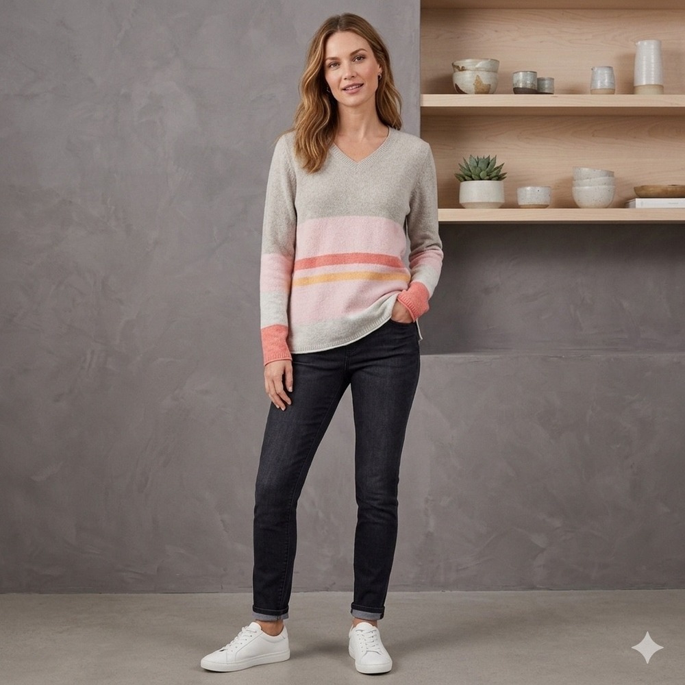 J Jill Womens Size XS V-Neck Sweater Striped Pastel Knit Long Sleeve Casual